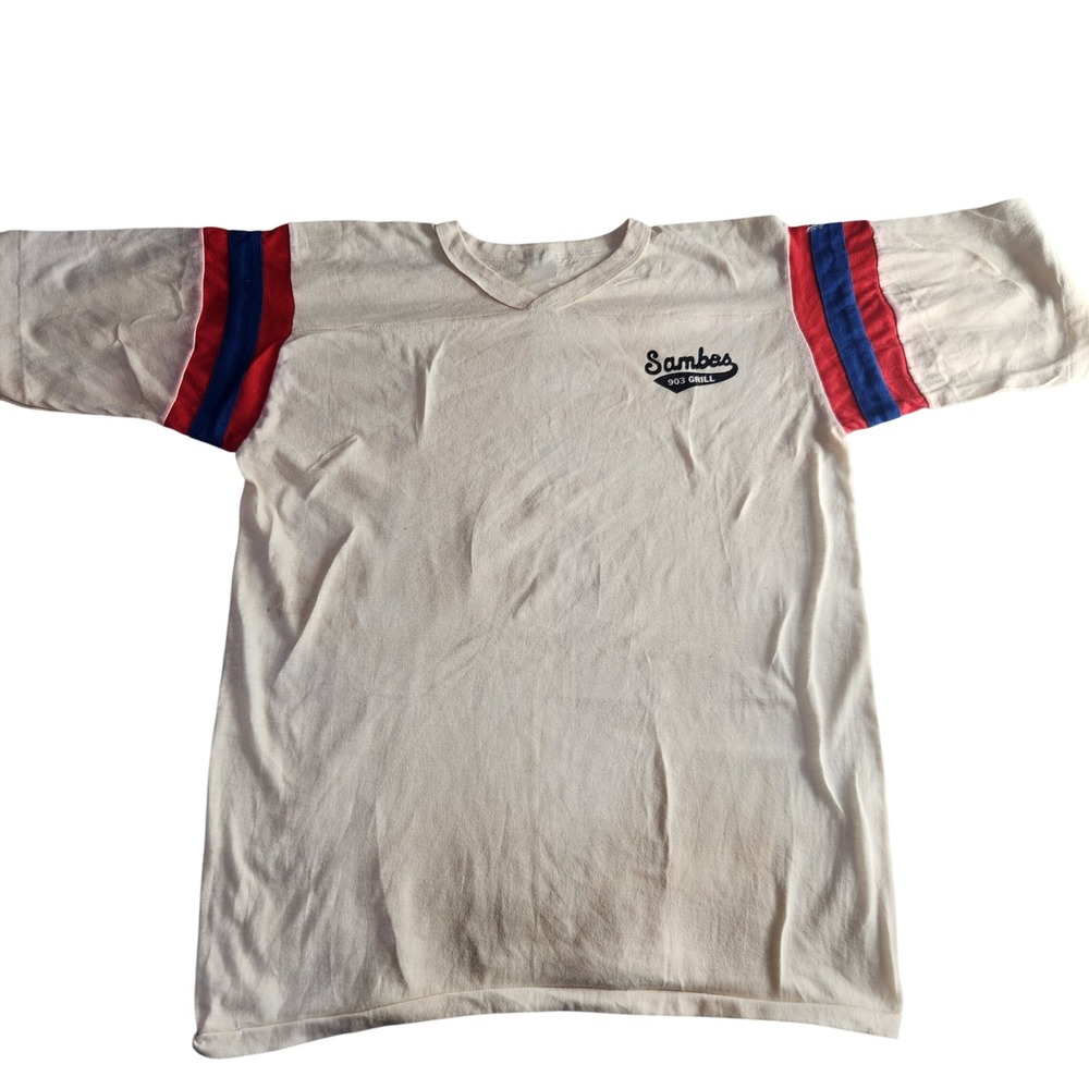 Vintage Sambos 903 Grill T-Shirt Distressed V-Neck Red Blue Stripes Adult S/M